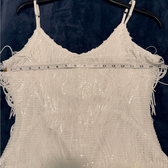 White Sequined Fringe & Feather Mini Dress - Picture 7 of 10